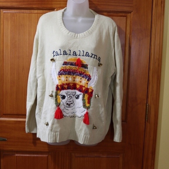 Falalala Llama Ugly Bells Jingles Christmas Sweater Llama in Hat Sweater - Picture 2 of 12